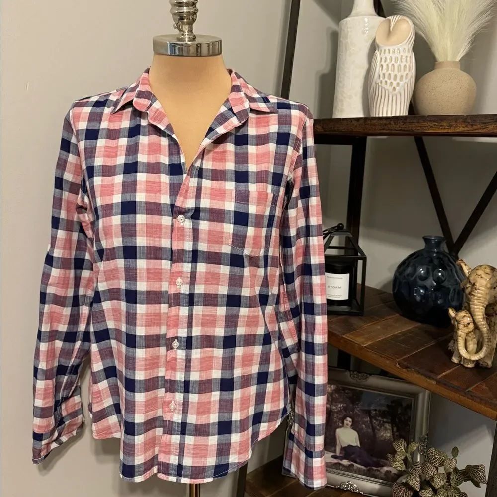 Frank & Eileen Barry Button Blouse Shirt Red Blue Plaid  Women’s SIZE MED Cotton